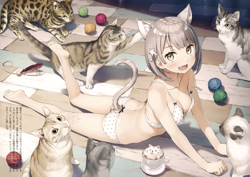 1girl absurdres animal_ears arm_support ass ass_cutout ball bangs bare_arms bare_legs bare_shoulders barefoot blunt_bangs blush bra breasts brown_hair butt_crack cat cat_ears cat_girl cat_tail collarbone cup fang feathers feet full_body hair_ornament highres huge_filesize kantoku looking_at_viewer lying medium_breasts on_ground open_mouth original panties polka_dot polka_dot_bra polka_dot_panties saucer scan short_hair smile star star_hair_ornament strap_slip tail teacup too_many too_many_cats translation_request underwear underwear_only white_panties yellow_eyes