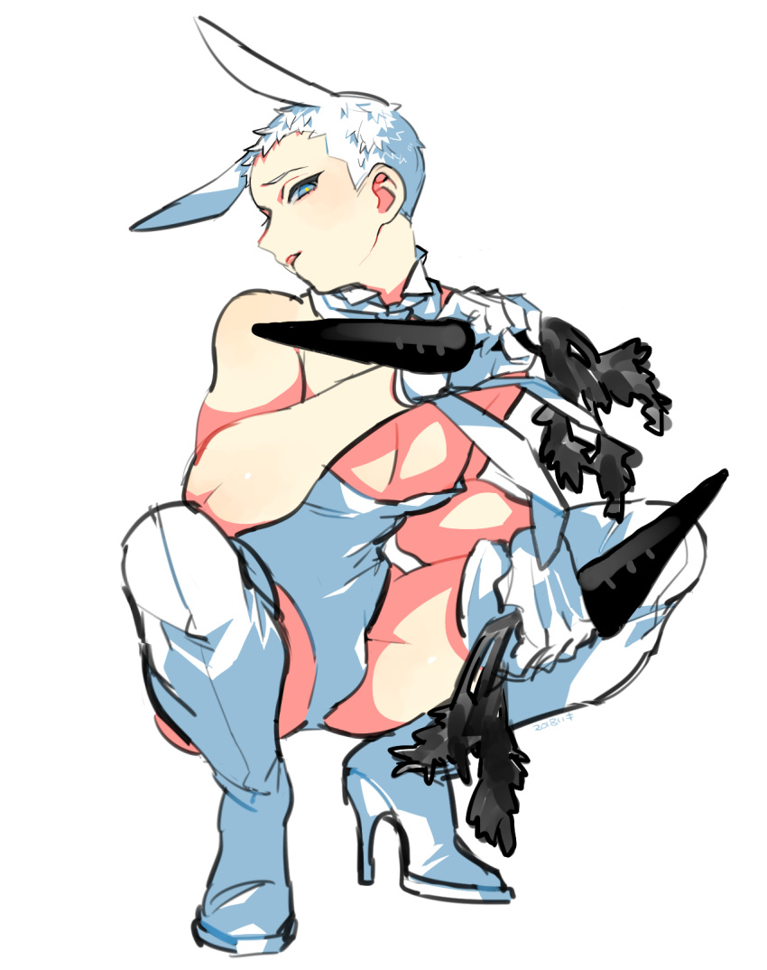 1boy animal_ears bare_shoulders blue_eyes boots bunny_boy carrot dated gloves high_heel_boots high_heels highres kinako_(marubotan) leotard looking_at_viewer male_focus open_mouth original rabbit_ears simple_background solo squatting thigh-highs thigh_boots white_background white_footwear white_gloves yellow_pupils