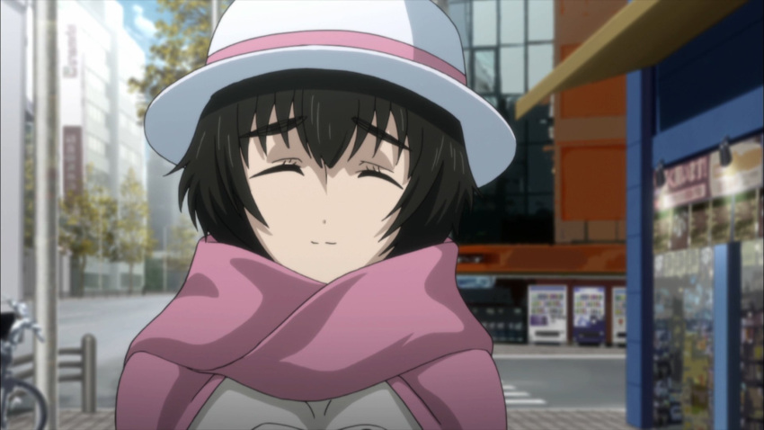 1girl ^_^ bicycle black_hair building city closed_eyes closed_eyes clouds crosswalk day eyebrows eyebrows_visible_through_hair ground_vehicle hat highres jacket pink pink_scarf road scarf scenery screencap shiina_mayuri short_hair smile solo steins;gate street thick_eyebrows traffic_light tree white white_hat white_jacket