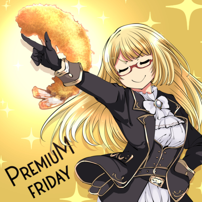 1girl arm_up belt black_gloves blonde_hair character_request closed_eyes commentary_request english_text food glasses gloves granblue_fantasy grimjin highres long_hair pointing ribbon smile solo sparkle tempura yellow_background