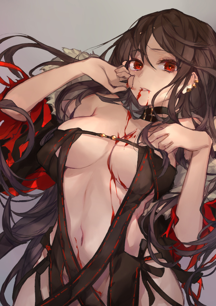 1girl bangs black_dress blood blood_from_mouth blood_on_breasts blood_on_face breasts brown_hair center_opening choker cleavage commentary_request consort_yu_(fate) dress earrings fate/grand_order fate_(series) fingers_to_cheek fur_collar fur_trim grey_background highres jewelry long_hair looking_at_viewer medium_breasts navel parted_lips red_eyes solo stomach strapless strapless_dress very_long_hair yok01