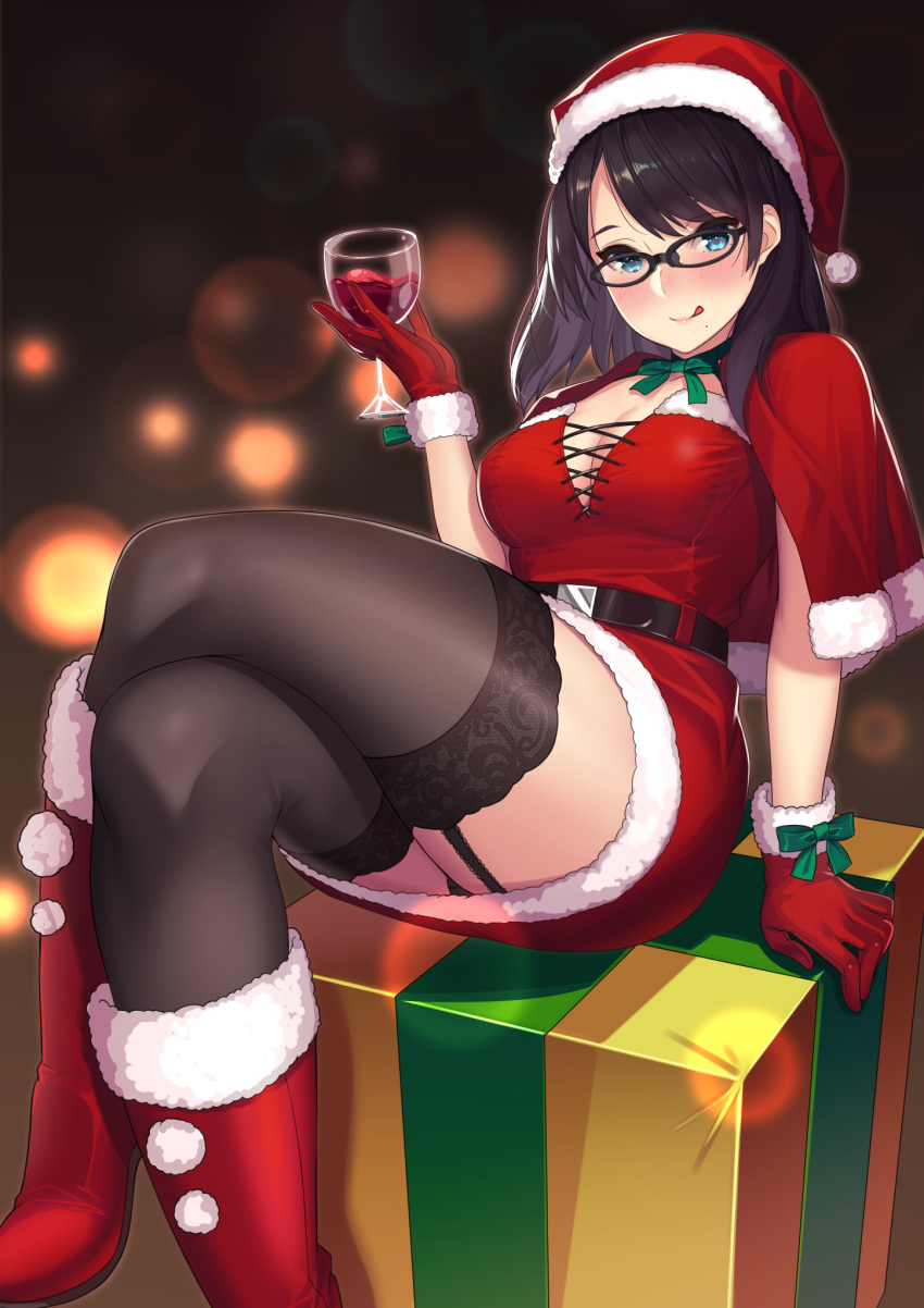 1girl :q alcohol arm_support ass bangs bare_arms belt black-framed_eyewear black_hair black_panties blue_eyes blurry blush boots box breasts brown_legwear capelet christmas_costume cleavage closed_mouth cup depth_of_field dress drinking_glass fur-trimmed_boots fur-trimmed_capelet fur-trimmed_dress fur-trimmed_hat fur_trim garter_straps gift gift_box glass glasses gloves green_neckwear hand_up hat highres holding holding_cup kagematsuri legs legs_crossed lens_flare long_hair looking_at_viewer medium_breasts mole mole_under_mouth neck_ribbon original panties present red_capelet red_dress red_footwear red_gloves red_hat ribbon santa_hat sidelocks sitting sleeveless sleeveless_dress smile solo thick_thighs thigh-highs thighs tongue tongue_out underwear wine wine_glass