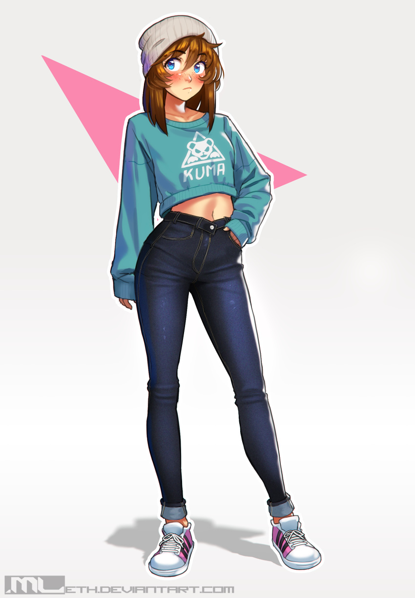 1girl adidas beanie blue_eyes blush breasts brooke_(mathias_leth) brown_hair casual collarbone commentary contrapposto crop_top denim english_commentary eyebrows_visible_through_hair full_body hand_in_pocket hat high-waist_pants highres jeans long_legs looking_away mathias_leth medium_hair midriff navel original pants shoes simple_background sleeves_past_wrists small_breasts sneakers solo standing tight tight_pants watermark web_address