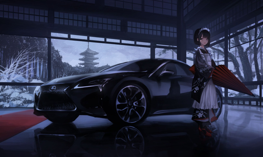 1girl apron bangs black_hair black_legwear blunt_bangs car carpet forest grey_eyes ground_vehicle high_heels highres japanese_clothes kimono koh_(minagi_kou) lexus looking_at_viewer maid_apron maid_headdress motor_vehicle nature oriental_umbrella original pagoda red_footwear reflection short_hair snow snowing umbrella wa_maid