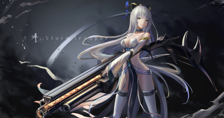 1girl bare_shoulders breasts chains choker cleavage detached_sleeves dungeon_and_fighter english_text grey_background gun hair_ornament highres holding holding_gun holding_weapon legs_apart long_hair looking_at_viewer medium_breasts motion_blur pelvic_curtain revealing_clothes silver_hair solo standing thigh-highs wangchuan_de_quanyan weapon white_legwear yellow_eyes
