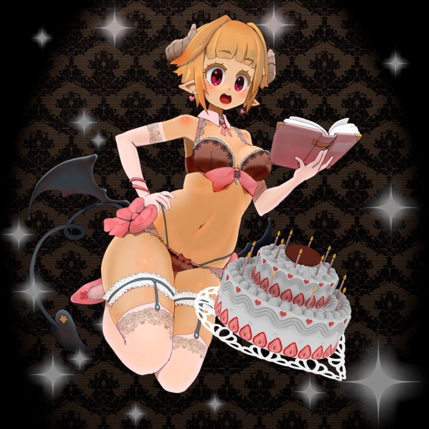 1girl :o bangs blonde_hair blunt_bangs blush book bow bow_bra bow_panties bra breasts brown_bra brown_panties cake commentary_request curled_horns demon_girl demon_horns demon_tail demon_wings detached_collar earrings elbow_gloves eyebrows_visible_through_hair food full_body garter_straps glint gloves hand_on_hip heart heart_earrings highres holding horns huge_filesize jewelry looking_at_viewer low_wings medium_breasts nijitama_shiyushiyu open_book open_mouth original panties pink_bow pink_footwear pointy_ears red_eyes round_teeth shoes short_hair solo tail teeth thigh-highs underwear white_gloves wing_collar wings