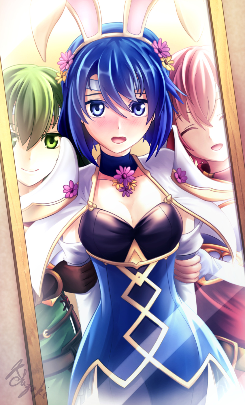 3girls absurdres animal_ears blue_eyes blue_hair blush breasts cleavage closed_eyes closed_mouth est fake_animal_ears fingerless_gloves fire_emblem fire_emblem:_mystery_of_the_emblem fire_emblem_heroes flower gloves green_eyes green_hair hair_flower hair_ornament headband highres katua medium_breasts mirror multiple_girls nintendo open_mouth paola pink_hair rabbit_ears reflection ryo-suzuki short_hair siblings signature sisters smile white_gloves white_headband