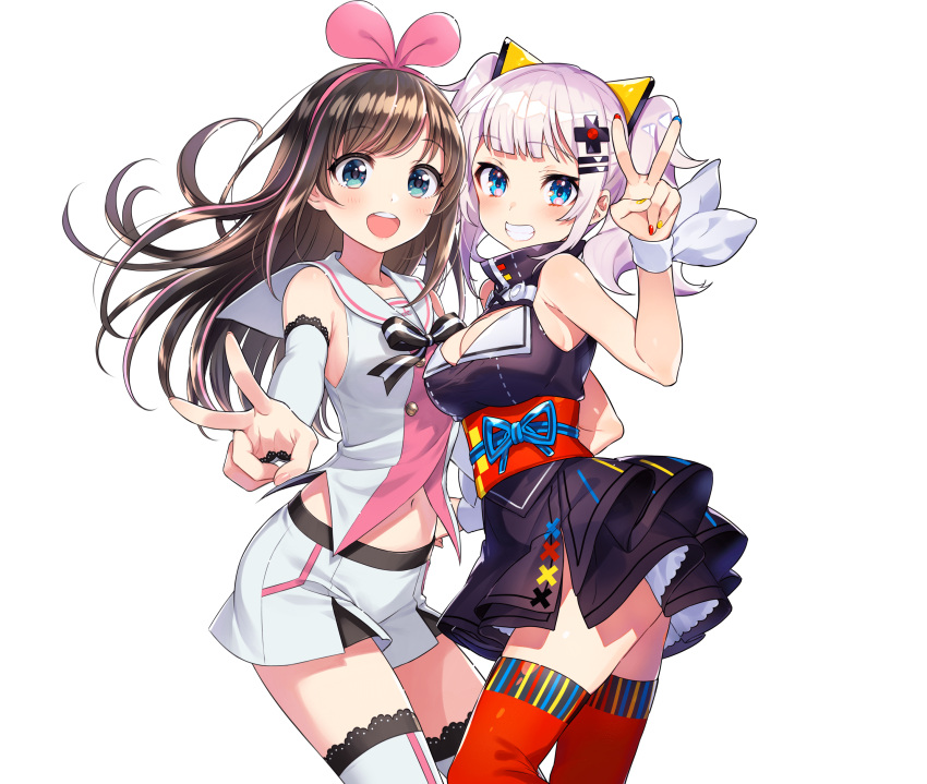 2girls a.i._channel absurdres bangs bare_shoulders black_bow black_dress blue_eyes blush bow breasts brown_hair cleavage cleavage_cutout cleaver crossover detached_sleeves dress green_eyes hair_ornament hair_ribbon hairband hairclip highres kaguya_luna kaguya_luna_(character) kizuna_ai large_breasts long_hair long_sleeves looking_at_viewer mika_pikazo multicolored_hair multiple_girls navel obi open_mouth pink_hair pink_hairband pink_ribbon pleated_dress red_legwear ribbon round_teeth sailor_collar sash shirt short_dress short_shorts shorts silver_hair sleeveless sleeveless_dress sleeveless_shirt sleeves_past_wrists small_breasts smile streaked_hair striped striped_bow teeth thigh-highs transparent_background twintails very_long_hair virtual_youtuber white_shirt white_shorts white_sleeves