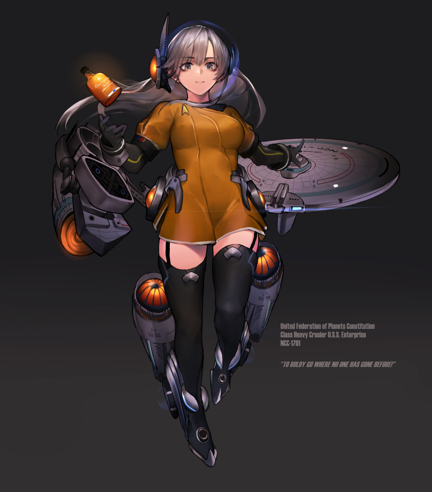 1girl absurdres alcohol bangs black_gloves black_legwear bottle closed_mouth commentary commission dress elbow_gloves english_text floating_hair full_body garter_straps gloves grey_background grey_eyes grey_hair headgear highres long_hair looking_at_viewer mecha_musume namesake neonbeat puffy_short_sleeves puffy_sleeves rigging short_sleeves simple_background solo standing star_trek thigh-highs uss_enterprise_ncc-1701 wrist_cuffs yellow_dress zettai_ryouiki
