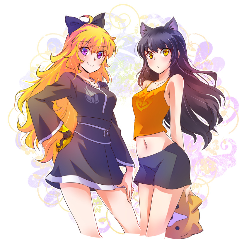 2girls ahoge animal_ears bare_shoulders black_hair blake_belladonna blonde_hair bow breasts cat_ears collarbone hair_bow highres iesupa long_hair midriff multiple_girls pajamas prosthesis prosthetic_arm rwby short_shorts shorts tank_top violet_eyes wavy_hair yang_xiao_long yellow_eyes