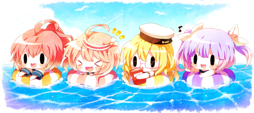 &gt;_&lt; 4girls :d ahoge blonde_hair blush_stickers book chibi commentary_request day fang floating hair_ornament hair_ribbon haru431 hat holding holding_book i-168_(kantai_collection) i-19_(kantai_collection) i-58_(kantai_collection) i-8_(kantai_collection) kantai_collection lifebuoy lineup long_hair multiple_girls musical_note notice_lines open_mouth orange_hair outdoors ponytail purple_hair redhead ribbon school_swimsuit school_uniform serafuku smile swimsuit two_side_up water white_ribbon xd ||_||