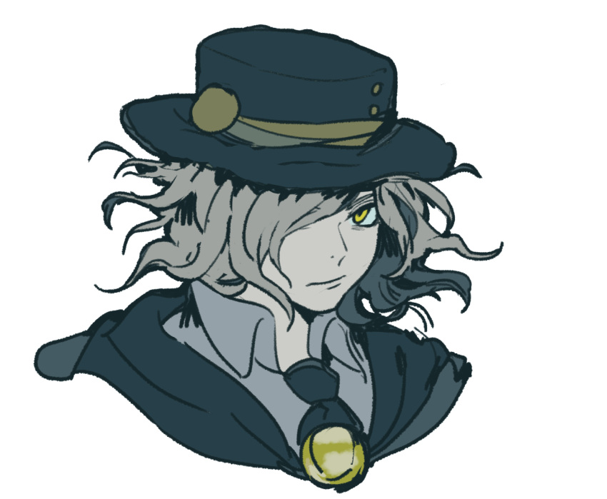 1boy black_coat black_hat black_neckwear closed_mouth collared_shirt edmond_dantes_(fate/grand_order) fate/grand_order fate_(series) grey_hair grey_shirt hair_over_one_eye hat idk-kun looking_at_viewer male_focus necktie one_eye_covered portrait shirt simple_background solo white_background wing_collar yellow_eyes