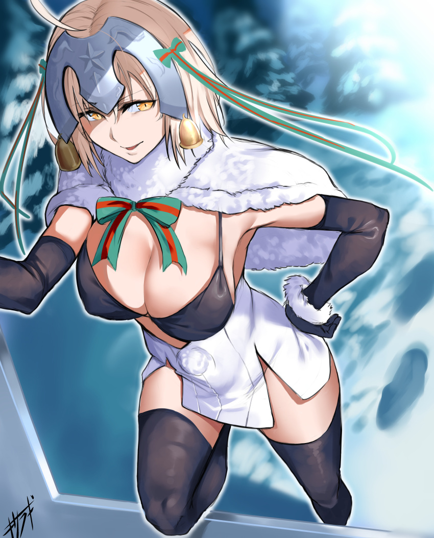1girl absurdres ahoge bell black_legwear bow breasts capelet cleavage commentary_request cosplay elbow_gloves fate/grand_order fate_(series) fur-trimmed_gloves fur_capelet fur_trim gloves green_bow hand_on_hip headpiece highres huge_breasts huge_filesize jeanne_d'arc_(alter)_(fate) jeanne_d'arc_(fate)_(all) jeanne_d'arc_alter_santa_lily jeanne_d'arc_alter_santa_lily_(cosplay) kisaragi_(legobionicle23) looking_at_viewer red_bow short_hair silver_hair skirt snow solo thigh-highs two-tone_bow white_capelet white_skirt winter yellow_eyes