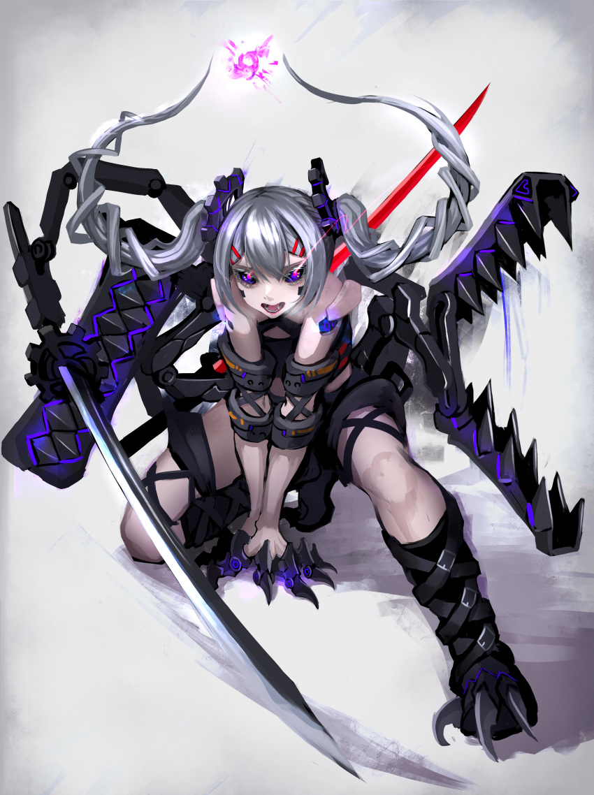 1girl absurdres android asagon007 bare_shoulders black_sclera claws cyborg fangs glowing glowing_eyes highres katana mecha original red_eyes science_fiction silver_hair sword twintails weapon