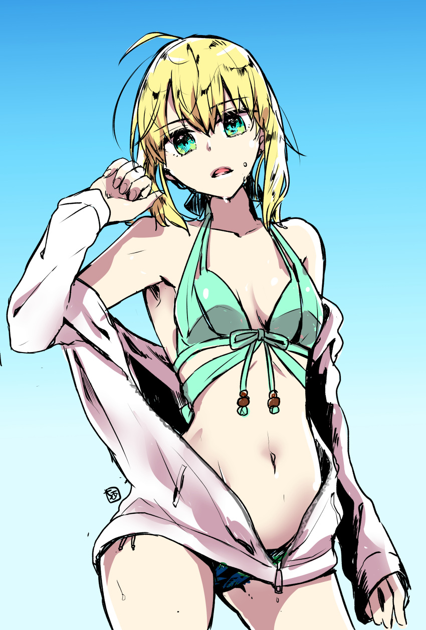 1girl absurdres ahoge aqua_bikini aqua_eyes aqua_ribbon artoria_pendragon_(all) bikini blonde_hair blue_background breasts chia_aich cleavage collarbone cowboy_shot eyebrows_visible_through_hair fate/stay_night fate_(series) gradient gradient_background hair_between_eyes hair_ribbon halterneck head_tilt highres jacket long_sleeves looking_at_viewer open_clothes open_jacket open_mouth ribbon saber short_hair sketch small_breasts solo standing sweatdrop swimsuit white_jacket