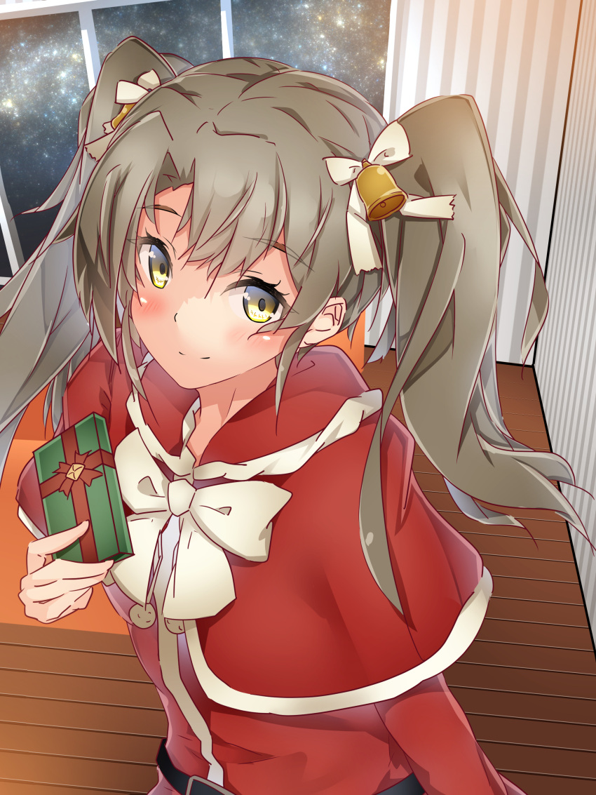 1girl absurdres alternate_costume bell blush box capelet christmas commentary gift gift_box green_hair hair_bell hair_between_eyes hair_ornament hair_ribbon hand_up harukawa_(hal501) highres holding holding_box holding_gift jingle_bell kantai_collection long_hair looking_at_viewer neck_ribbon ribbon santa_costume sky smile solo star_(sky) starry_sky twintails wooden_floor yellow_eyes zuikaku_(kantai_collection)