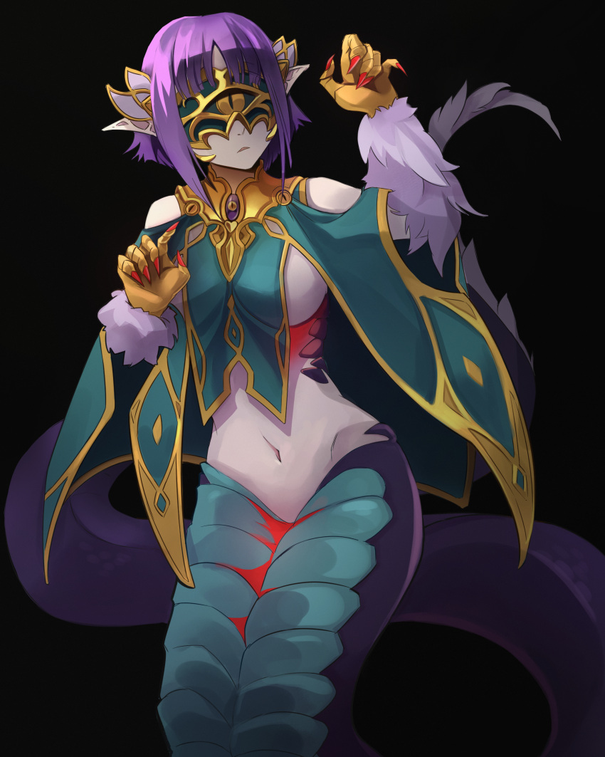 1girl absurdres bangs bare_shoulders basilisk_(monster_girl_encyclopedia) blindfold breasts cheshikk claws commentary feathers highres jewelry lamia large_breasts mask monster_girl monster_girl_encyclopedia navel pointy_ears purple_hair scales short_hair solo
