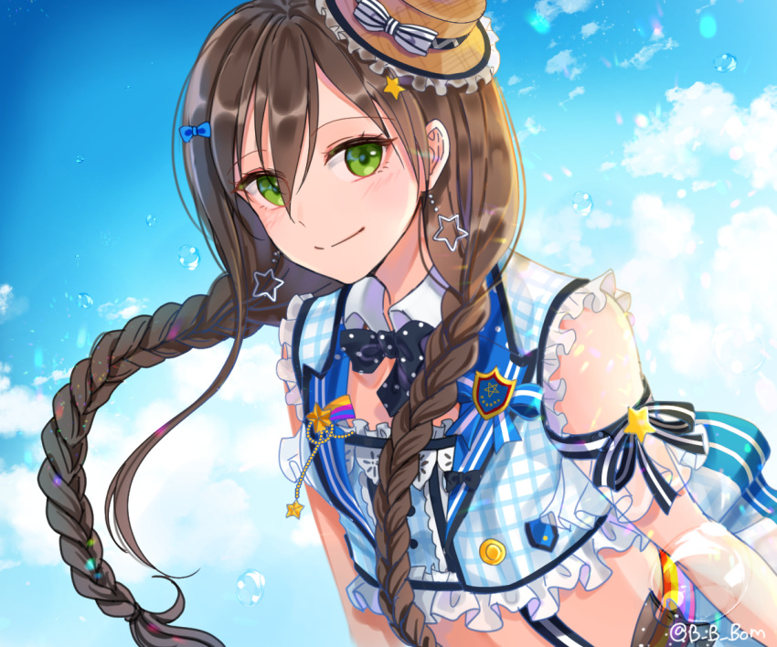 1girl alternate_hairstyle arm_ribbon badge bang_dream! black_neckwear blue_bow bow bowtie braid brown_hair brown_hat button_badge crop_top day detached_sleeves earrings ferrel_(rocher_71) frilled_hat frilled_shirt frilled_sleeves frills green_eyes hair_between_eyes hair_bow hair_ornament hanazono_tae hat hat_bow jewelry long_hair looking_at_viewer outdoors plaid plaid_shirt polka_dot_neckwear ribbon see-through_sleeves shirt skirt smile soap_bubbles solo star star_earrings star_hair_ornament striped striped_bow striped_ribbon suspenders twin_braids twitter_username upper_body