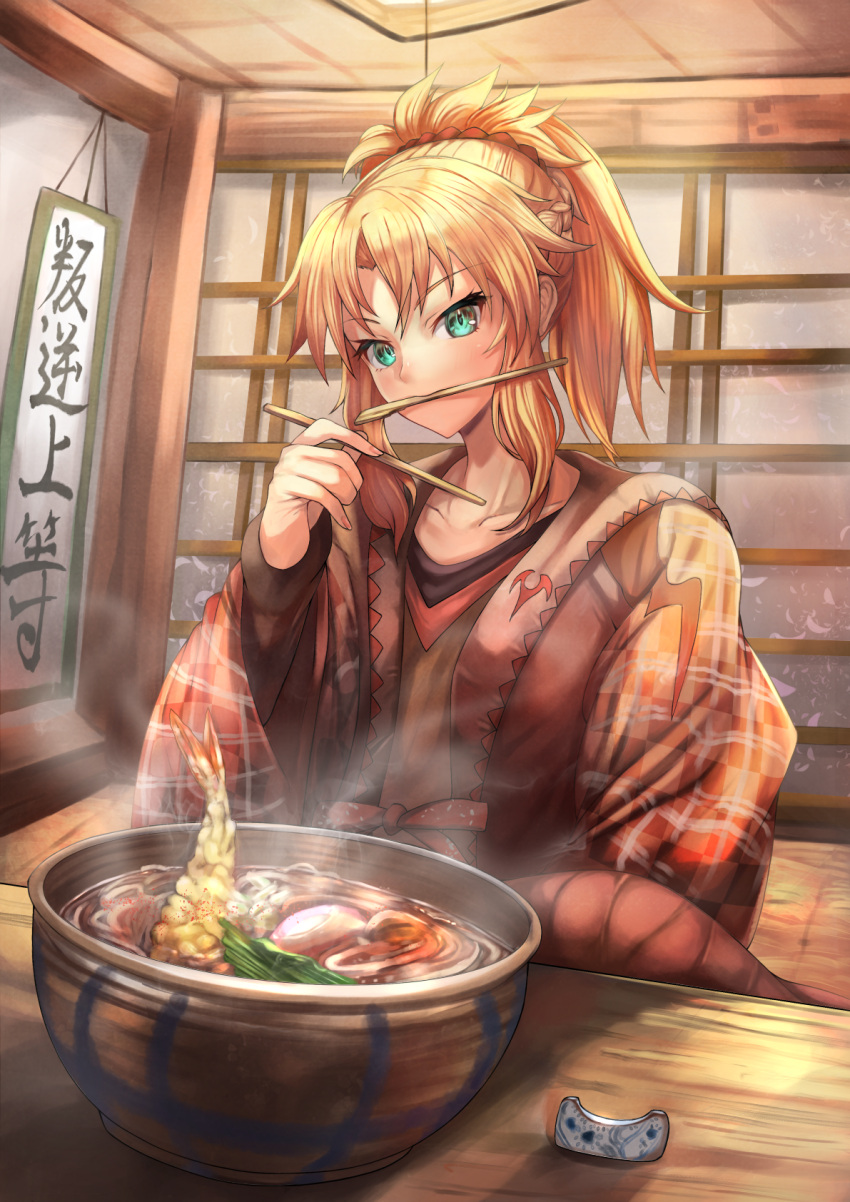 1girl aqua_eyes blonde_hair bowl braid brown_shirt ceiling chopstick_rest chopsticks collarbone commentary_request dutch_text emiya-san_chi_no_kyou_no_gohan fate/apocrypha fate/grand_order fate_(series) food half_updo hanging_scroll highres holding holding_chopsticks indoors kotatsu long_sleeves looking_at_viewer mordred_(fate) mordred_(fate)_(all) mouth_hold noodles ohako_(ohako1818) ramen robe scroll shirt shirt_under_shirt short_ponytail shrimp shrimp_tempura sidelocks sliding_doors solo soup steam table tempura under_kotatsu under_table upper_body