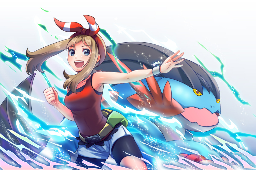 1girl :d bike_shorts black_shorts blue_eyes bow breasts brown_hair collarbone cowboy_shot creatures_(company) floating_hair game_freak gen_3_pokemon hair_bow hairband haruka_(pokemon) long_hair medium_breasts mega_swampert nintendo open_mouth outstretched_arm pokemon pokemon_(creature) pokemon_(game) pokemon_oras red_hairband red_shirt shirt short_shorts shorts shorts_under_shorts sky-sky sleeveless sleeveless_shirt smile standing striped striped_bow swampert twintails white_shorts