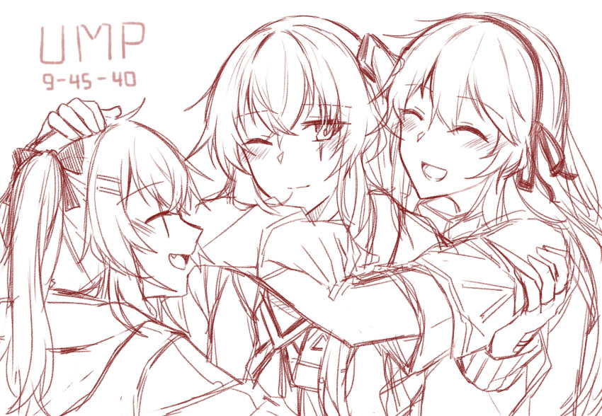 3girls closed_eyes fang fingerless_gloves girl_sandwich girls_frontline gloves hair_ribbon highres hug hug_from_behind multiple_girls one_eye_closed ribbon sandwiched scar scar_across_eye siblings sisters sketch twintails ump40_(girls_frontline) ump45_(girls_frontline) ump9_(girls_frontline) yuutama2804