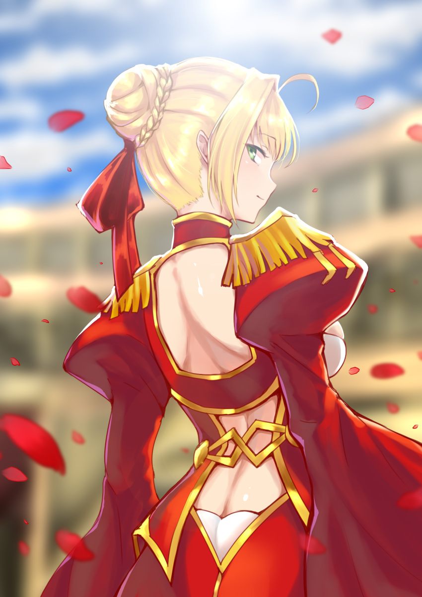 1girl absurdres ahoge blonde_hair blurry blurry_background braided_bun breasts butt_crack c.rabbit fate/extra fate_(series) from_behind green_eyes hair_ribbon highres looking_at_viewer looking_back medium_breasts nero_claudius_(fate) nero_claudius_(fate)_(all) petals red_ribbon ribbon shiny shiny_skin shrug_(clothing) sideboob smile solo standing tied_hair