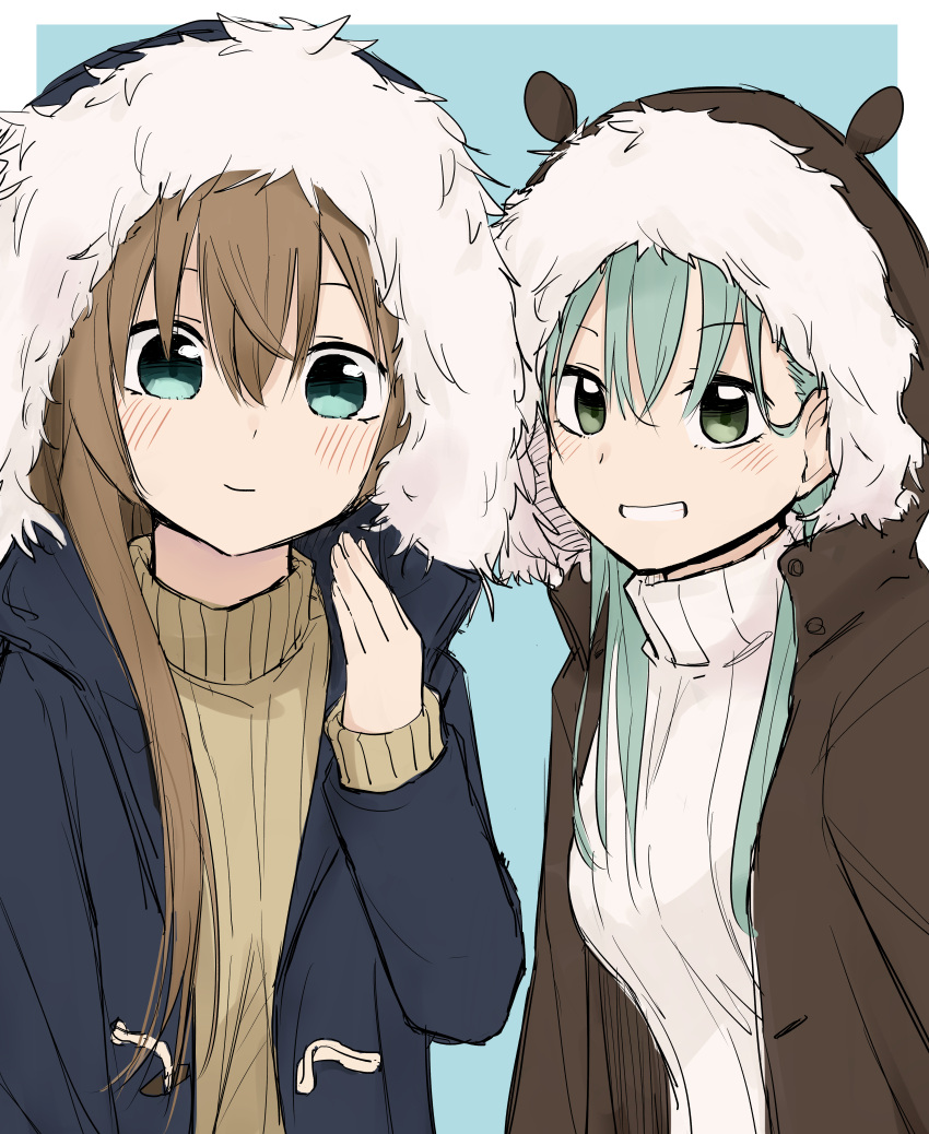2girls absurdres alternate_costume animal_ears aqua_eyes aqua_hair blue_background blue_eyes blue_jacket blush border brown_hair brown_jacket casual closed_mouth eyebrows_visible_through_hair fur-trimmed_hood fur_trim highres hood hoodie jacket kantai_collection kumano_(kantai_collection) light_brown_sweater long_hair looking_at_viewer multiple_girls open_mouth ribbed_sweater spica1476 suzuya_(kantai_collection) sweater white_border white_sweater
