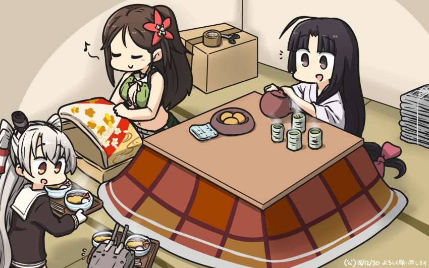 3girls :d ahoge amagi_(kantai_collection) amatsukaze_(kantai_collection) basket black_dress black_hair box brown_eyes brown_hair closed_eyes cup dated dress eighth_note eyebrows_visible_through_hair flying_sweatdrops food fruit gloves green_tea hair_tubes hamu_koutarou highres holding holding_tray japanese_clothes kantai_collection kotatsu long_hair long_sleeves low-tied_long_hair mandarin_orange multiple_girls musical_note open_mouth ponytail rensouhou-kun sailor_dress scissors short_dress shouhou_(kantai_collection) shrimp shrimp_tempura silver_hair smile table tape tatami tea tempura translated tray two_side_up very_long_hair white_gloves windsock yellow_eyes