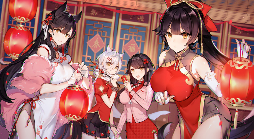 4girls animal_ears atago_(azur_lane) azur_lane bangs black_hair blush bow breasts brown_eyes cardigan catsizuru china_dress chinese_clothes chinese_new_year choukai_(azur_lane) closed_mouth commentary_request covered_navel dress elbow_gloves extra_ears eyebrows_visible_through_hair fingerless_gloves gloves hair_between_eyes hair_bow hair_flaps hair_ornament hair_ribbon happy_new_year highres holding holding_branch holding_lantern holding_letter indoors lantern large_breasts long_hair long_sleeves looking_at_viewer maya_(azur_lane) mole mole_under_eye multiple_girls new_year night open_mouth paper_lantern pelvic_curtain pink_cardigan ponytail puffy_short_sleeves puffy_sleeves red_dress ribbon scarf short_hair short_sleeves silver_hair smile swept_bangs takao_(azur_lane) very_long_hair white_bow white_dress white_gloves white_ribbon white_scarf