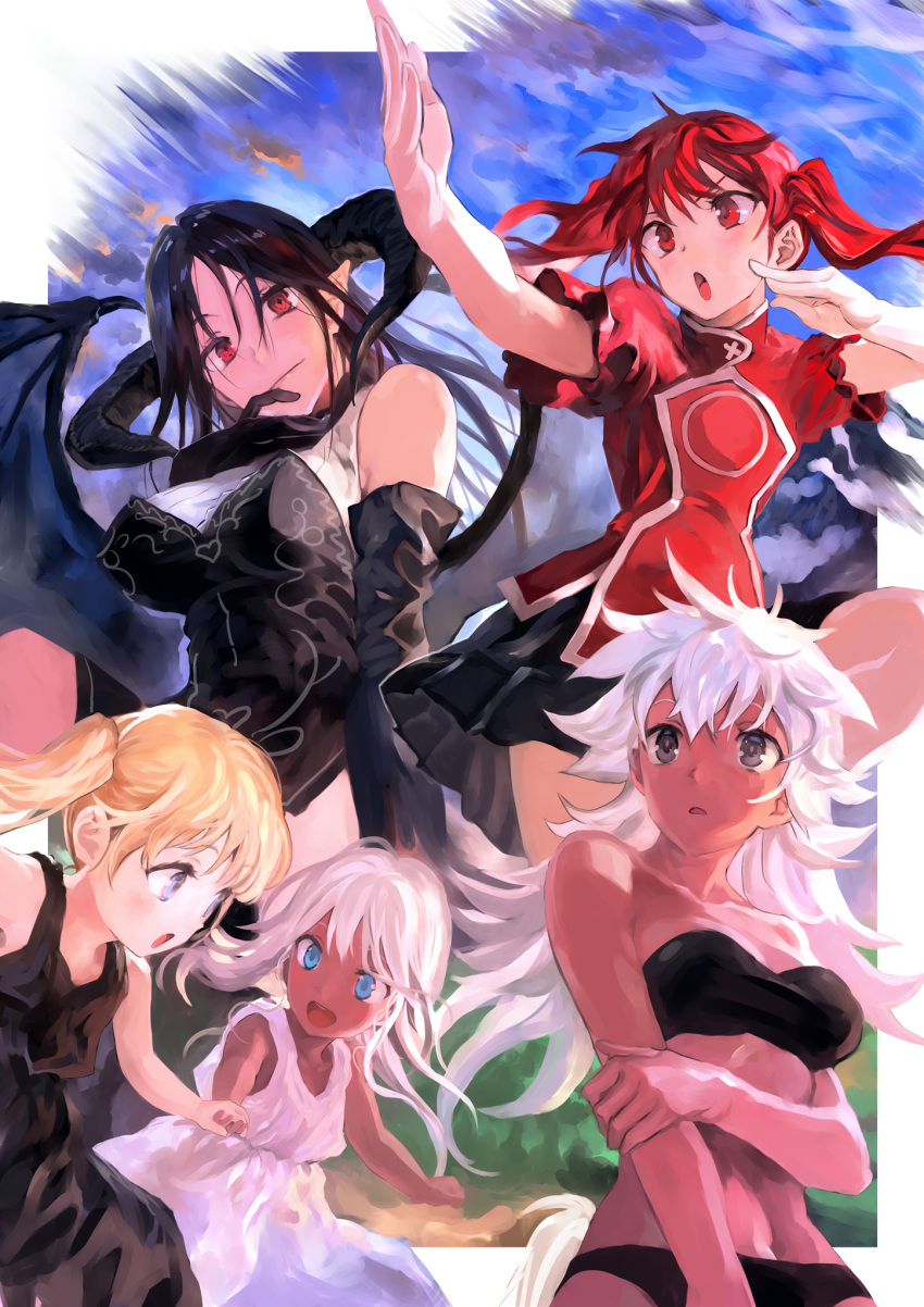 5girls :o bangs bare_shoulders bikini black_bikini black_dress black_skirt blonde_hair blue_eyes blue_sky bob_(biyonbiyon) breasts child chinese_clothes cleavage clouds dark_skin demon_girl demon_horns demon_tail demon_wings diamond-shaped_pupils dress elbow_gloves gloves hair_between_eyes hand_holding highres holding_arm horns large_breasts long_hair looking_at_viewer multiple_girls open_mouth original pointy_ears red_eyes redhead sidelocks silver_hair skirt sky smile succubus swimsuit symbol-shaped_pupils tail tan very_long_hair white_dress white_hair wings