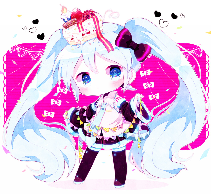 1girl bangs birthday_cake black_bow black_footwear black_skirt blue_eyes blue_hair blue_neckwear blush boots bow cake candle chibi collared_shirt confetti detached_sleeves expressionless food food_on_head fruit full_body hair_bow haru431 hatsune_miku heart holding light_blue_hair long_hair long_sleeves looking_at_viewer miniskirt necktie object_on_head pennant pink_background pleated_skirt ribbon shirt skirt solo sparkling_eyes standing strap strawberry string_of_flags striped striped_ribbon thigh-highs thigh_boots tie_clip twintails very_long_hair vocaloid white_shirt