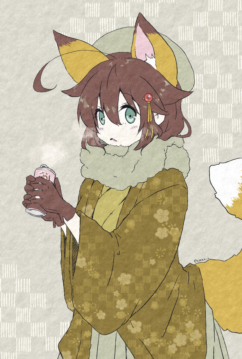 1girl ahoge alternate_costume animal_ears blue_eyes brown_gloves brown_hair can cocax_x cold eyebrows_visible_through_hair fox_ears fox_tail furry gloves hair_between_eyes hair_flaps hat highres holding holding_can japanese_clothes kantai_collection kimono long_hair looking_at_viewer remodel_(kantai_collection) scarf shigure_(kantai_collection) solo tail twitter_username