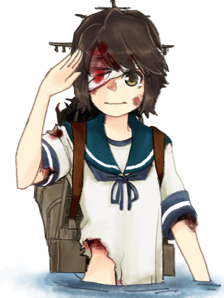1girl bandage bandage_over_one_eye black_hair blood blue_sailor_collar brown_eyes brown_hair commentary_request highres kantai_collection looking_at_viewer machinery mast miyuki_(kantai_collection) negura_meru sailor_collar salute school_uniform serafuku short_hair simple_background solo torn_clothes upper_body water white_background