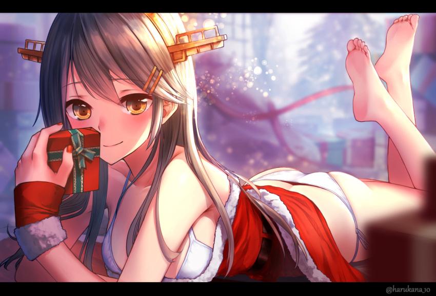 1girl arm_support ass bangs bare_shoulders barefoot bikini box breasts brown_eyes brown_hair christmas_tree closed_mouth commentary_request feet fur_trim gift gift_box hair_ornament hairclip harukana_(harukana_10) haruna_(kantai_collection) headgear holding kantai_collection letterboxed long_hair looking_at_viewer lying medium_breasts nail_polish on_stomach red_nails santa_costume side-tie_bikini smile soles solo swimsuit the_pose twitter_username white_bikini