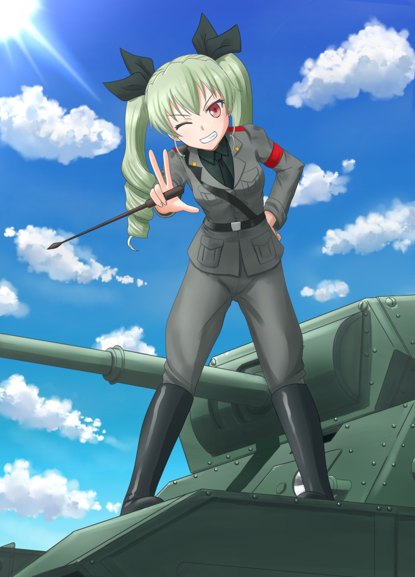 1girl anchovy anzio_military_uniform carro_armato_p40 clouds day drill_hair girls_und_panzer green_hair ground ground_vehicle highres kayama_kouji military military_vehicle motor_vehicle necktie one_eye_closed pants red_eyes shirt sky smile solo standing sun tank twin_drills v