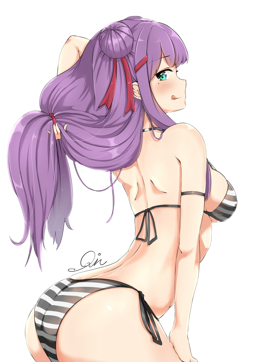1girl :q absurdres arched_back armlet artist_name ass back bangs bikini black_bikini breasts chinese_commentary closed_mouth commentary_request double_bun eyebrows_visible_through_hair from_side green_eyes hair_ribbon hair_tie hand_in_hair hand_on_own_thigh highres leaning_forward light_blush long_hair looking_at_viewer looking_back low-tied_long_hair medium_breasts mole mole_under_eye original purple_hair qianxiaolin red_ribbon ribbon shoulder_blades side-tie_bikini signature simple_background skindentation smile solo standing striped striped_bikini swimsuit tongue tongue_out very_long_hair white_background