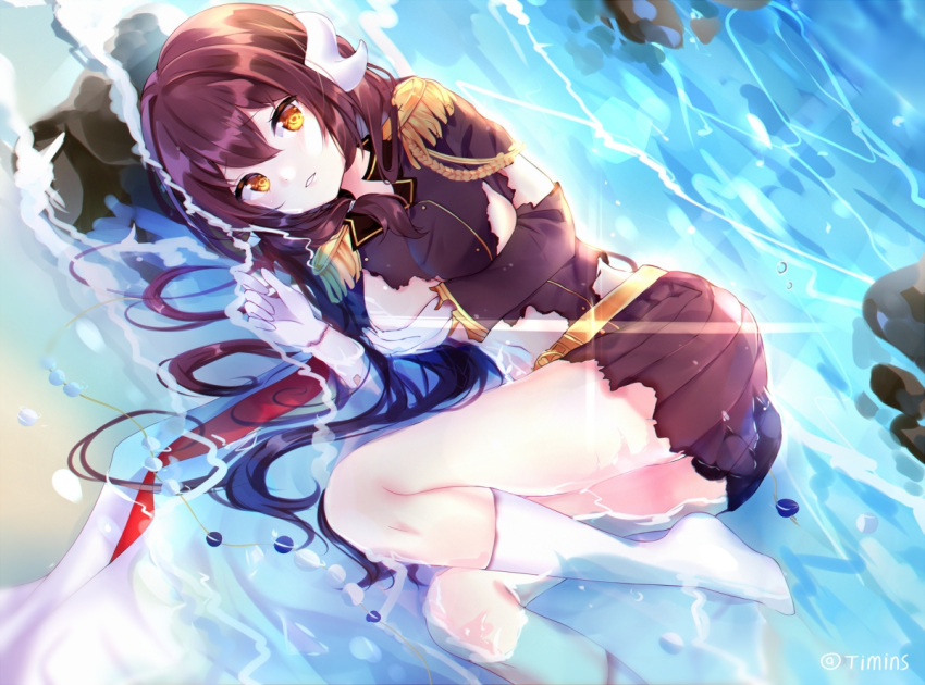 1girl azur_lane breasts brown_hair covering covering_one_breast epaulettes gloves horns long_hair long_sleeves mikasa_(azur_lane) military military_uniform ocean skirt solo timins torn_clothes uniform white_gloves yellow_eyes