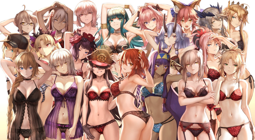 1boy 6+girls ahoge animal_ears armlet armpits arms_behind_head arms_up artoria_pendragon_(all) artoria_pendragon_(lancer) artoria_pendragon_(lancer_alter) ass astolfo_(fate) babydoll bangs bare_shoulders baseball_cap black_bow black_bra black_hat black_panties blonde_hair blue_bra blue_eyes blunt_bangs blush bow bra bracelet braid breasts choker cleopatra_(fate/grand_order) closed_mouth collarbone crown dark_skin earrings ereshkigal_(fate/grand_order) facepaint fang fate/apocrypha fate/extra fate/grand_order fate/stay_night fate_(series) florence_nightingale_(fate/grand_order) flower folded_ponytail fox_ears french_braid fujimaru_ritsuka_(female) garter_belt garter_straps glasses gloves green_eyes green_hair grey_eyes grey_hair hair_between_eyes hair_bow hair_bun hair_flower hair_intakes hair_ornament hair_scrunchie hair_tubes hairband hairpin hat highres hips hoop_earrings horns jackal_ears jeanne_d'arc_(alter)_(fate) jeanne_d'arc_(fate) jeanne_d'arc_(fate)_(all) jewelry katsushika_hokusai_(fate/grand_order) lace lace-trimmed_bra lace-trimmed_panties large_breasts long_hair looking_at_viewer looking_back low-tied_long_hair mashu_003 medium_breasts miyamoto_musashi_(fate/grand_order) mordred_(fate) mordred_(fate)_(all) multicolored_hair multiple_girls mysterious_heroine_x mysterious_heroine_x_(alter) navel nitocris_(fate/grand_order) oda_nobunaga_(fate) okita_souji_(alter)_(fate) okita_souji_(fate)_(all) one_side_up oni_horns open_mouth panties parted_bangs parted_lips peaked_cap pink_bra pink_hair ponytail purple_bra purple_hair purple_panties red_bow red_bra red_eyes red_panties rojiura_satsuki:_chapter_heroine_sanctuary saber_alter scrunchie sideboob sidelocks silver_hair small_breasts smile streaked_hair striped striped_bra striped_panties swept_bangs tamamo_(fate)_(all) tamamo_no_mae_(fate) tassel thighs tiara tomoe_gozen_(fate/grand_order) underwear very_long_hair violet_eyes yellow_eyes