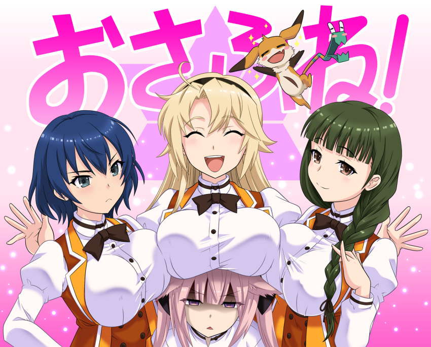 4girls :d annoyed bangs black_bow black_hairband blonde_hair blue_eyes blue_hair blunt_bangs bow breast_envy breast_press breast_rest breasts breasts_on_head brown_eyes closed_eyes closed_mouth eyebrows_visible_through_hair fang green_hair hair_flaps hairband highres kohagura_ellen large_breasts long_hair long_sleeves looking_at_viewer mashiko_kaoru multiple_girls nene_(toji_no_miko) ogawa_satomi open_mouth orange_vest osafune_girls_academy_uniform pink_hair puffy_long_sleeves puffy_sleeves school_uniform serious short_hair smile sparkle toji_no_miko triangle_mouth twintails umajiri_gyuunyuu upper_body violet_eyes yonemura_takako