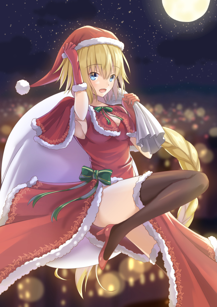 1girl :o absurdres black_legwear blonde_hair blue_eyes bow breasts capelet christmas commentary_request dress fate/grand_order fate_(series) full_moon fur-trimmed_capelet fur-trimmed_dress fur-trimmed_gloves fur-trimmed_legwear fur_trim gloves green_bow hat high_heels highres holding holding_sack jeanne_d'arc_(fate) jeanne_d'arc_(fate)_(all) kugatsu_tooka long_hair looking_at_viewer medium_breasts moon night night_sky open_mouth red_capelet red_dress red_footwear red_gloves red_hat sack santa_costume santa_hat side_slit sky sleeveless sleeveless_dress solo star_(sky) starry_sky thigh-highs very_long_hair