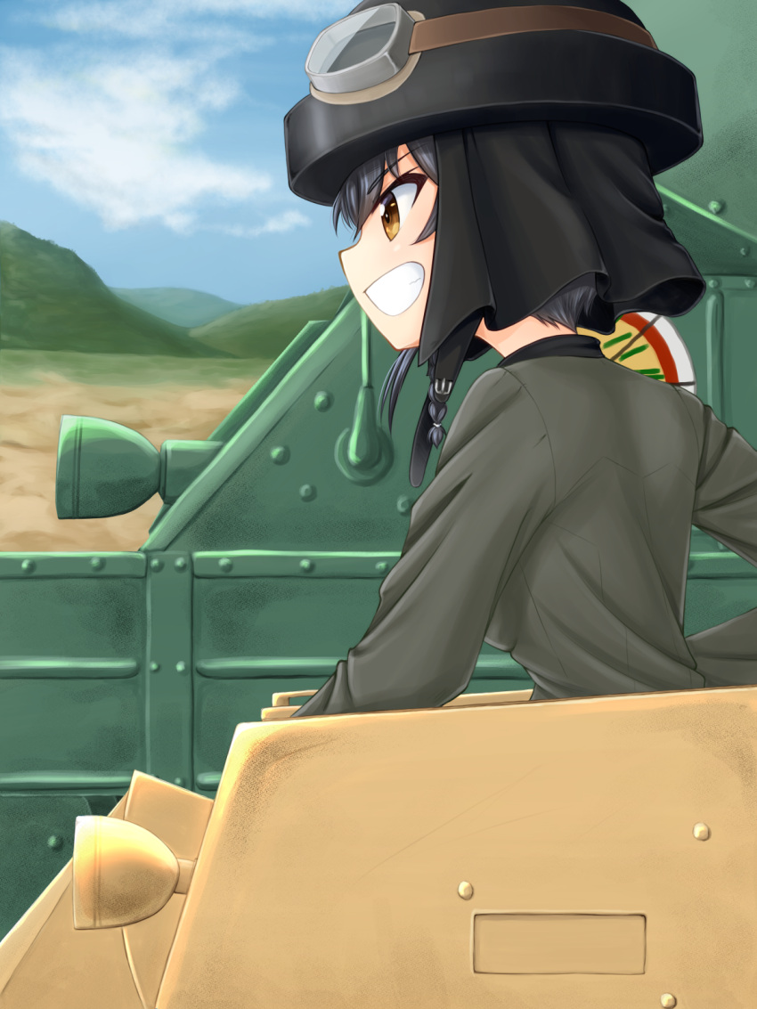 1girl anzio_(emblem) anzio_military_uniform bangs black_hair black_hat blue_skirt braid brown_eyes carro_armato_p40 carro_veloce_cv-33 clouds cloudy_sky commentary_request day emblem eyebrows_visible_through_hair from_side girls_und_panzer goggles goggles_on_headwear grey_jacket grin ground_vehicle hair_tie hat helmet highres italian_commentary jacket long_sleeves military military_uniform military_vehicle motor_vehicle mountain outdoors pepperoni_(girls_und_panzer) ruka_(piyopiyopu) short_hair side_braid skirt sky smile solo tank uniform