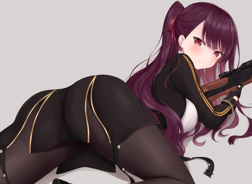 1girl ass bangs black_gloves black_legwear blush breasts bullpup closed_mouth collared_shirt commentary_request cropped_jacket double-breasted eyebrows_visible_through_hair from_behind girls_frontline gloves grey_background gun hair_ribbon high-waist_skirt highres holding holding_gun holding_weapon long_hair long_sleeves looking_at_viewer looking_back mentai_mayo on_floor one_side_up pantyhose purple_hair red_ribbon ribbon rifle scope shirt sidelocks simple_background skirt sniper_rifle solo thighband_pantyhose thighs trigger_discipline violet_eyes wa2000_(girls_frontline) walther walther_wa_2000 weapon