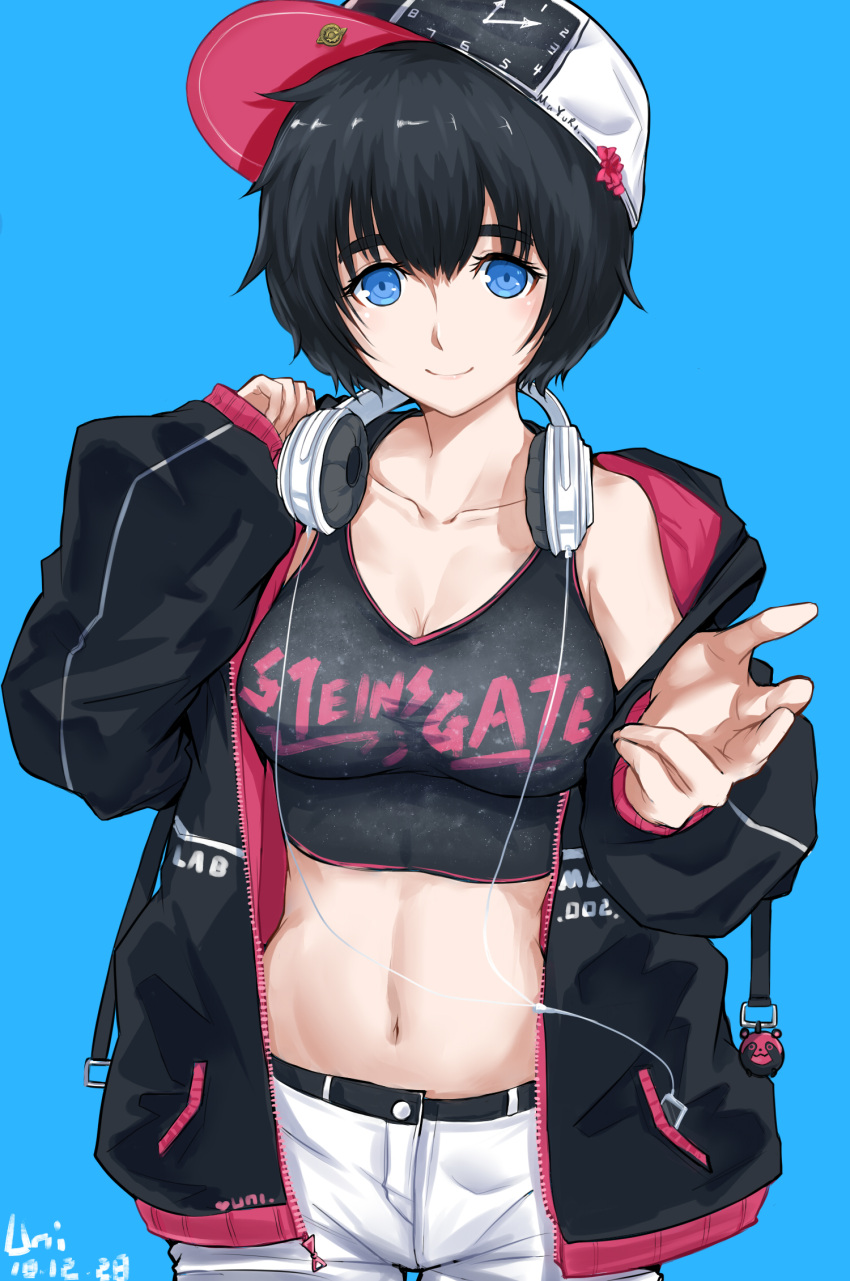 1girl alternate_costume baseball_cap black_hair blue_background blue_eyes breasts cleavage collarbone copyright_name cowboy_shot crop_top dated digital_media_player hat headphones headphones_around_neck highres hood hoodie looking_at_viewer medium_breasts midriff navel shiina_mayuri short_hair short_shorts shorts signature simple_background sleeveless smile solo steins;gate tank_top unique_(pixiv12704744) upa_(steins;gate)