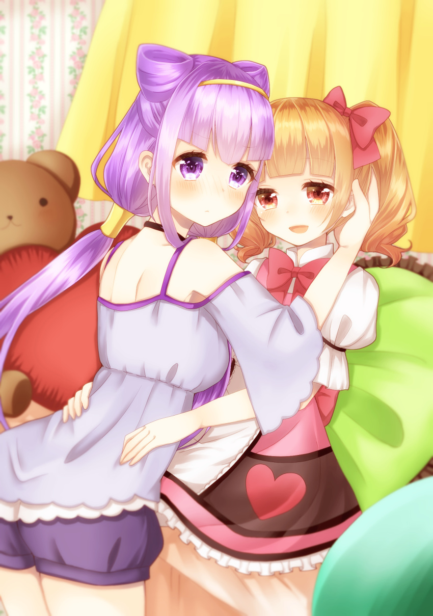 2girls aisaki_emiru bangs bending_forward black_choker blonde_hair blue_shorts blunt_bangs blush bow choker commentary_request cowboy_shot curtains dress feet_out_of_frame folded_leg frilled_skirt frills from_behind hair_bow hairband hand_in_hair hand_on_another's_head hands_on_another's_hips heart heart_print highres hugtto!_precure lavender_hair leaning_on_person light_blue_dress light_frown long_hair looking_at_viewer looking_back multiple_girls neck_ribbon open_mouth pillow pink_dress ponytail precure puffy_short_sleeves puffy_sleeves raglan_sleeves red_eyes red_neckwear ribbon ruru_amour short_sleeves shorts sitting skirt smile stuffed_animal stuffed_toy sunao teddy_bear twintails very_long_hair violet_eyes wallpaper_(object) yuri
