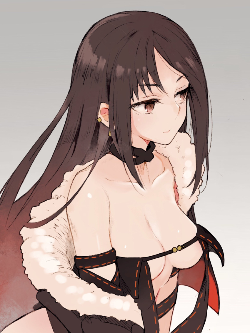 1girl bangs bare_shoulders black_dress breasts brown_hair center_opening choker cleavage collarbone commentary_request consort_yu_(fate) dress fate/grand_order fate_(series) from_above fur_trim grey_background highres jewelry large_breasts long_hair red_eyes sakura_akami solo strapless strapless_dress very_long_hair