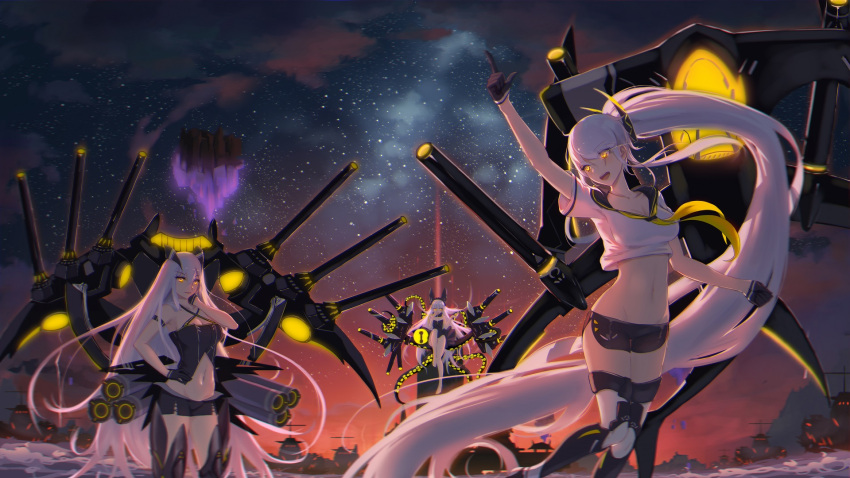 3girls 5555_96 arm_up azur_lane bangs bare_shoulders barefoot black_gloves black_sky boots breasts cannon character_request crop_top dress eyebrows_visible_through_hair gloves hair_between_eyes hand_on_hip highres long_hair looking_at_viewer multicolored multicolored_sky multiple_girls navel neckerchief night ocean open_mouth orange_sky pointing pointing_up rigging short_shorts shorts silver_hair siren_(azur_lane) sitting sky small_breasts smile star_(sky) starry_sky thigh-highs thigh_boots thigh_strap turret very_long_hair yellow_eyes yellow_neckwear