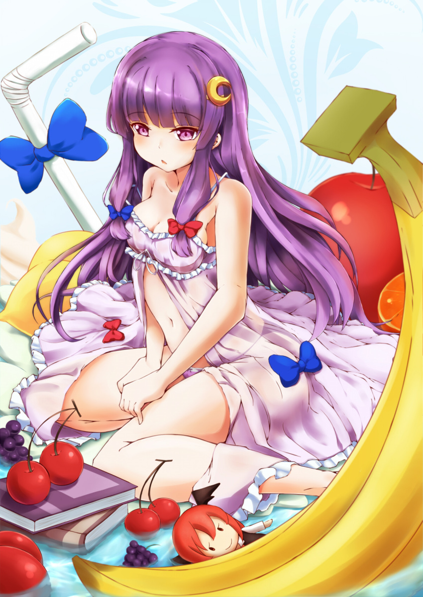 1girl banana bangs bare_arms bare_shoulders blue_bow blunt_bangs book bow bow_removed breasts character_doll cherry cleavage cream crescent crescent_hair_ornament drinking_straw eyebrows_visible_through_hair food fruit grapes hair_bow hair_bow_removed hair_ornament highres koakuma lingerie long_hair medium_breasts navel negligee orange panties patchouli_knowledge purple_hair purple_panties red_bow redhead rin_(ashleyy) solo spaghetti_strap strap_gap strap_slip touhou underwear very_long_hair violet_eyes water