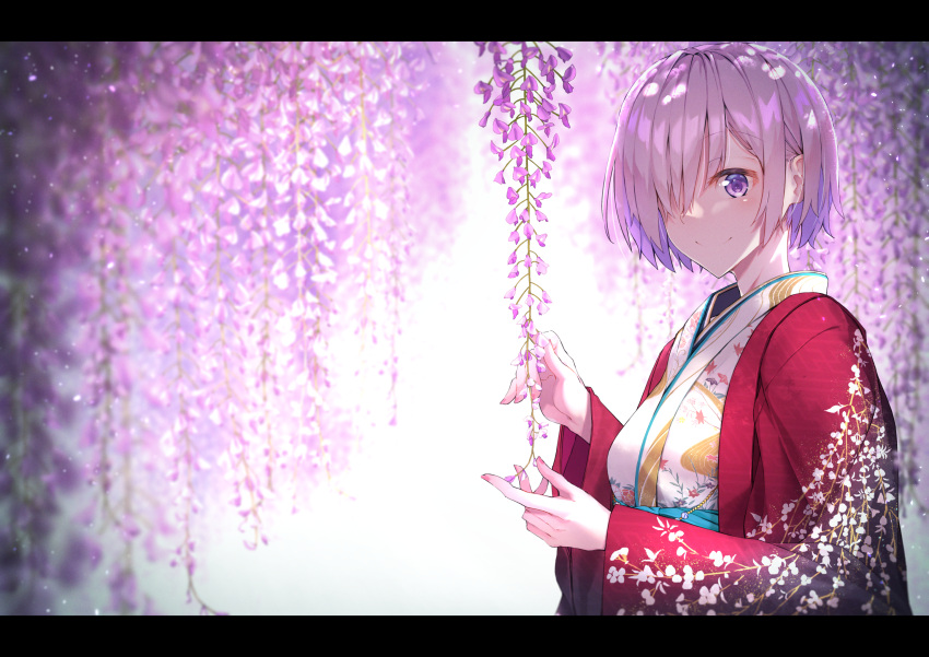 1girl alternate_costume bangs blurry blush breasts closed_mouth commentary_request depth_of_field eyebrows_visible_through_hair fate/grand_order fate_(series) floral_background floral_print flower hair_between_eyes hair_over_one_eye highres japanese_clothes kimono lavender_hair letterboxed looking_at_viewer mash_kyrielight medium_breasts short_hair smile solo standing violet_eyes wisteria yoro_kurenai