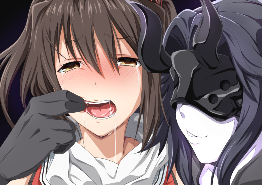 2girls blush drooling finger_in_mouth horns kantai_collection light_cruiser_hime long_hair mask moroheiya_(user_harz4842) multiple_girls open_mouth pale_skin remodel_(kantai_collection) scarf sendai_(kantai_collection) shinkaisei-kan smile tears two_side_up white_scarf
