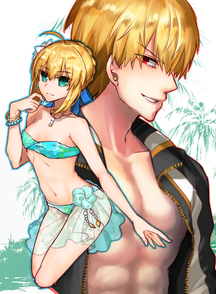 1boy 1girl absurdres ahoge aqua_bikini artoria_pendragon_(all) bikini blonde_hair blue_ribbon bracelet braided_bun breasts chia_aich collarbone earrings eyebrows_visible_through_hair fate/stay_night fate_(series) flower gilgamesh green_eyes grin hair_between_eyes hair_flower hair_ornament hair_ribbon highres jacket jewelry necklace open_clothes open_jacket red_eyes ribbon saber sarong see-through short_hair small_breasts smile strapless strapless_bikini swimsuit white_flower